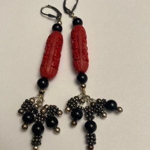 Large Carved Design Flower Floral Drop Bauble Earrings